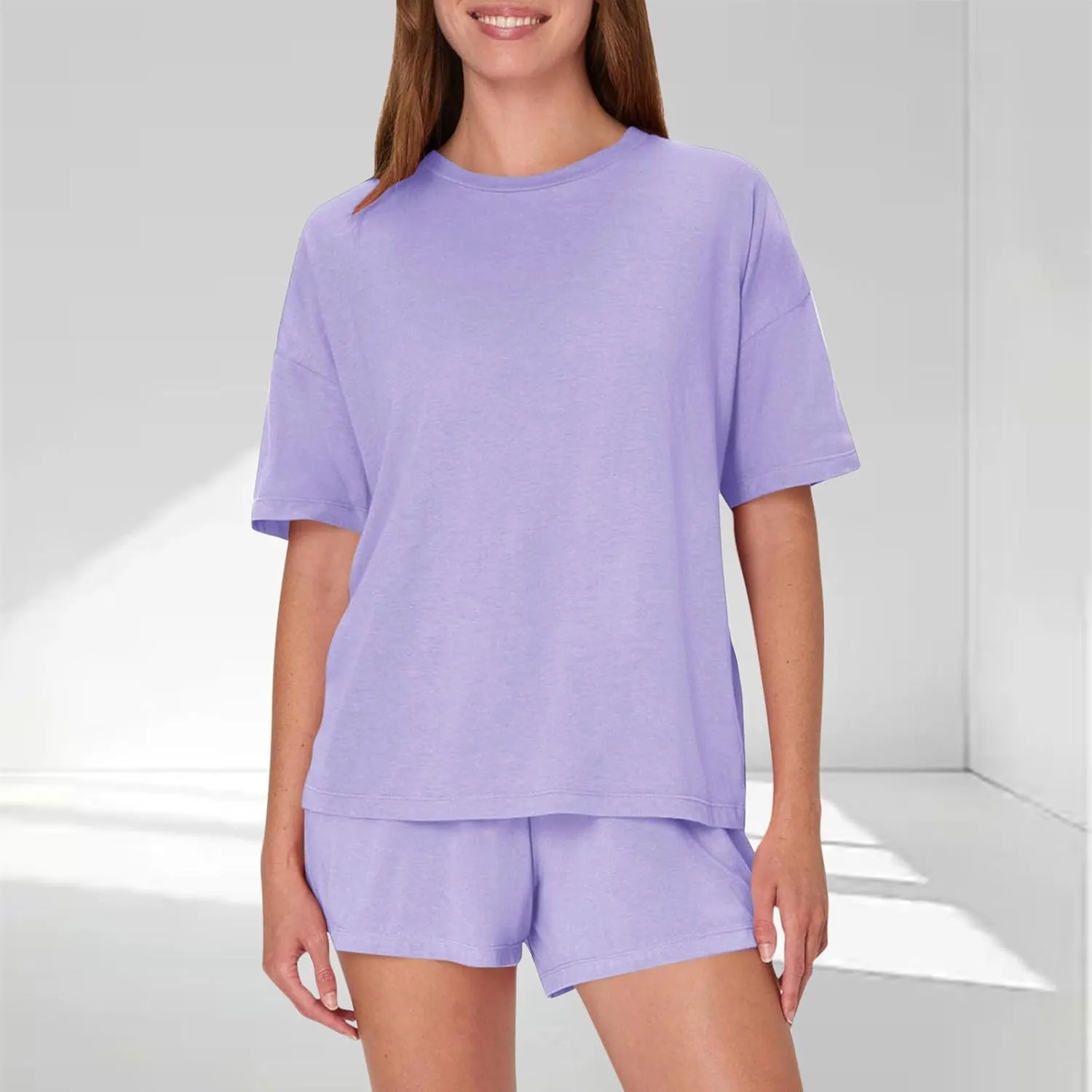 Casual Pajamas Sets for Women Round Neck Short Sleeve Tops and Shorts Lightweight Solid Color Comfy Summer Lounge Set