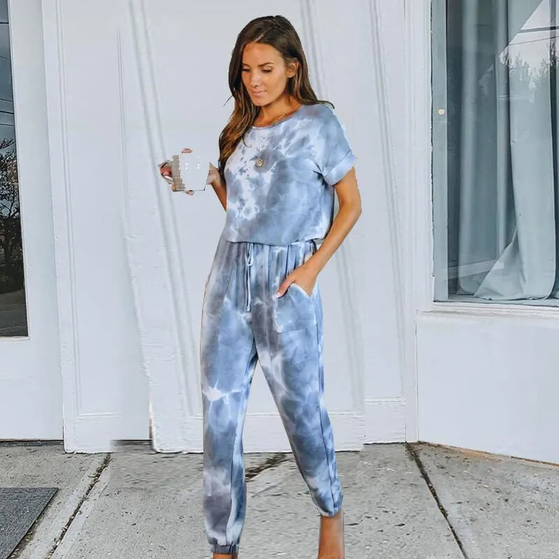 Casual Tie Dye Print Loose High Waist Short Sleeve Two Pieces Set