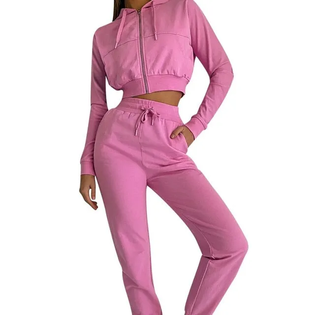 Casual Two Piece Set Hoodie Solid Color Short Tops And Long Pants Loose 2 Piece Set Women Fashion Sexy Sport Female Tracksuits