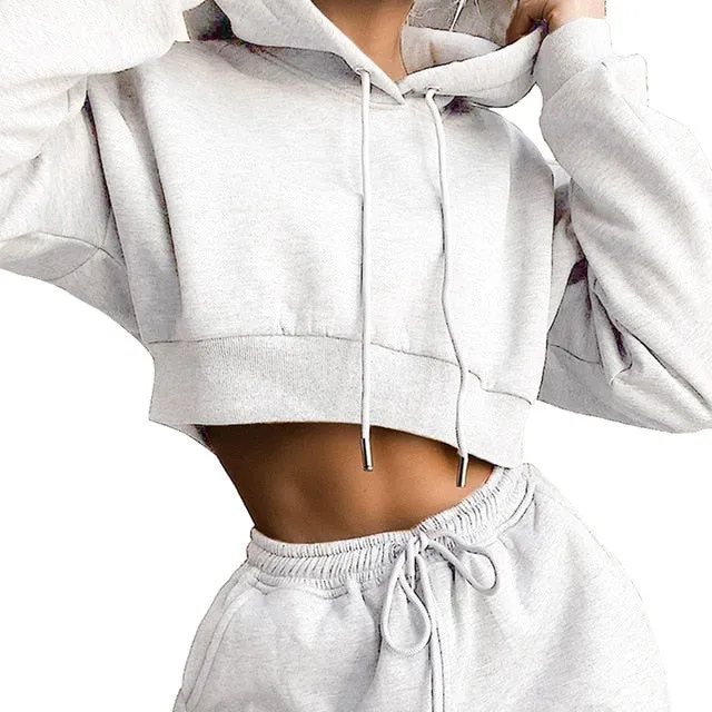 Casual Two Piece Set Hoodie Solid Color Short Tops And Long Pants Loose 2 Piece Set Women Fashion Sexy Sport Female Tracksuits