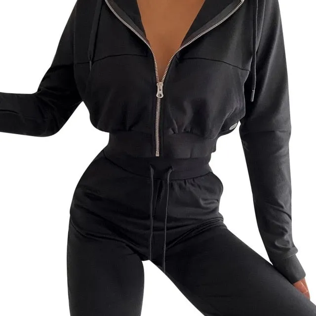 Casual Two Piece Set Hoodie Solid Color Short Tops And Long Pants Loose 2 Piece Set Women Fashion Sexy Sport Female Tracksuits