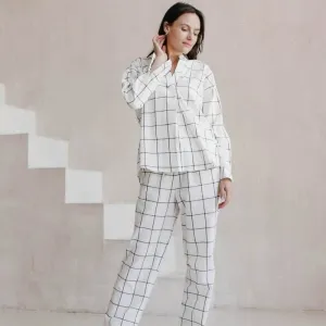 Charming Gridded Pajamas Set, Women's Sleepwear, 100% Cotton Pajama, Home Clothes For Her, Pant & Long Sleeve Shirt, Personalized Pajama Set