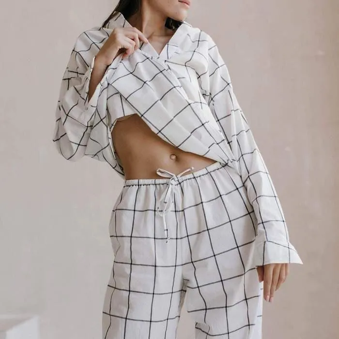 Charming Gridded Pajamas Set, Women's Sleepwear, 100% Cotton Pajama, Home Clothes For Her, Pant & Long Sleeve Shirt, Personalized Pajama Set