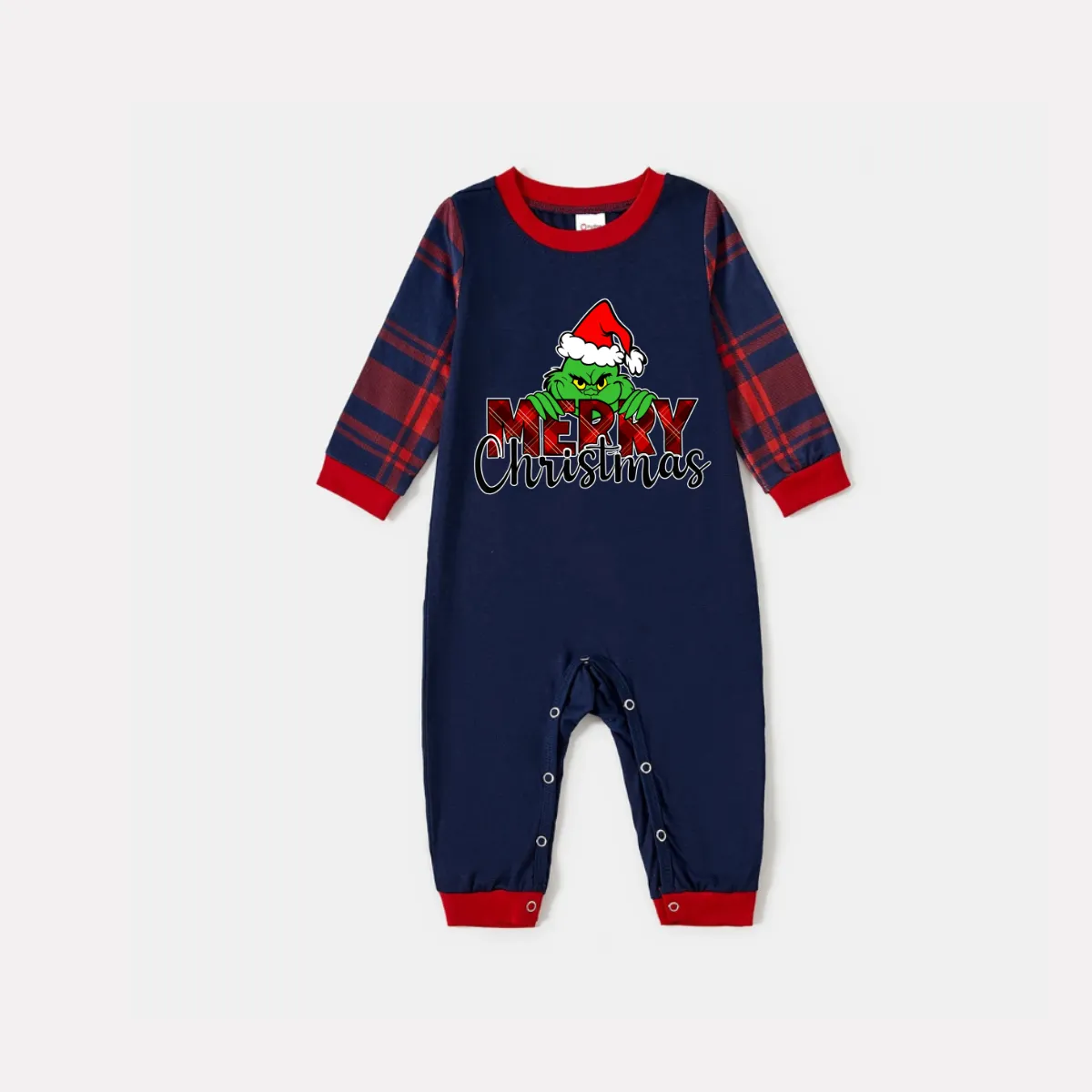 Christmas Catroon Pattern and Text Print Blue Long Sleeve Top with Red & Blue Plaid Christmas Couple Matching Pajama