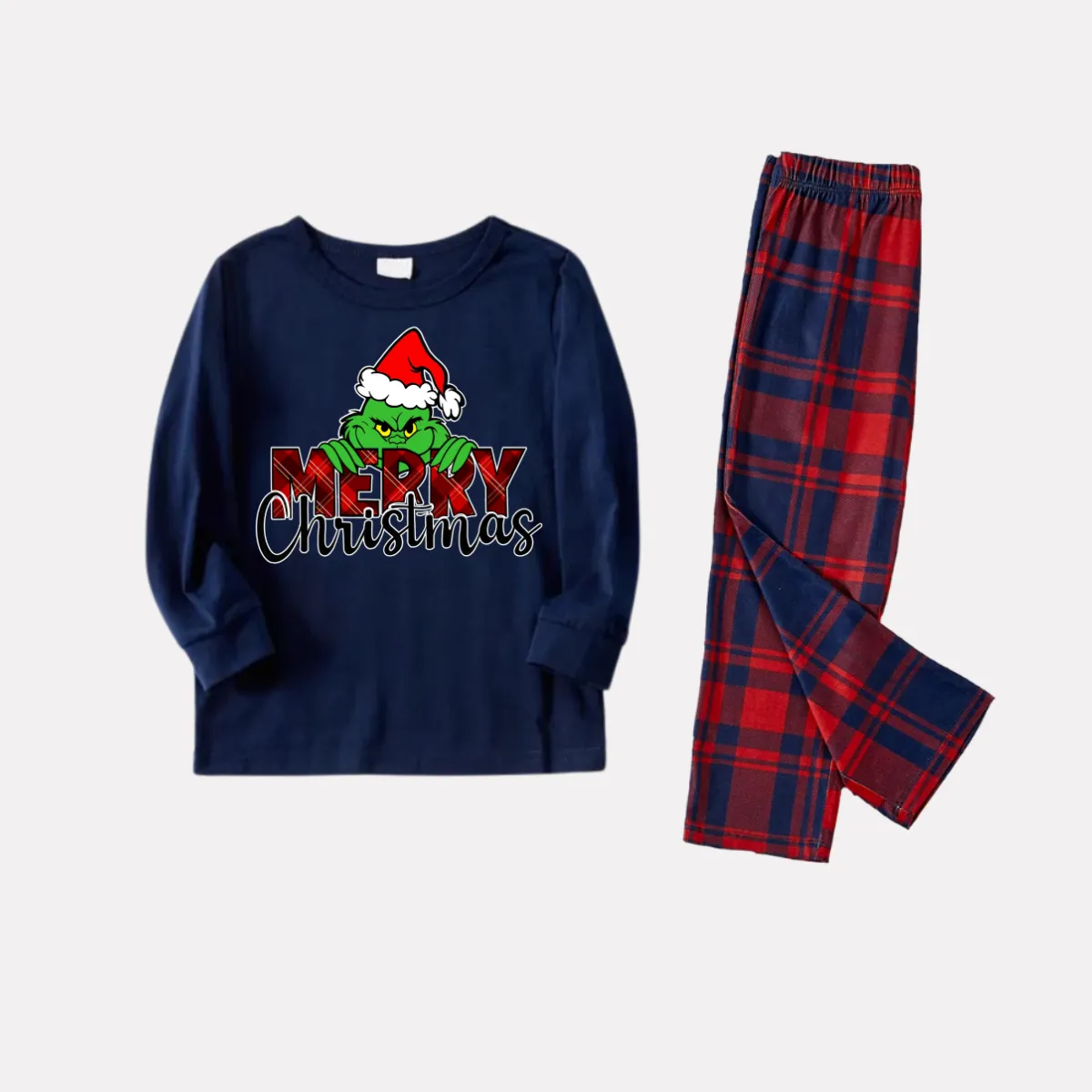 Christmas Catroon Pattern and Text Print Blue Long Sleeve Top with Red & Blue Plaid Christmas Couple Matching Pajama