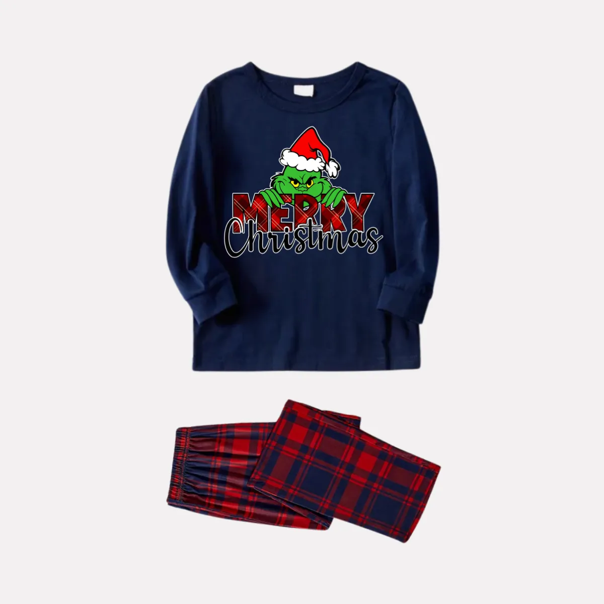 Christmas Catroon Pattern and Text Print Blue Long Sleeve Top with Red & Blue Plaid Christmas Couple Matching Pajama