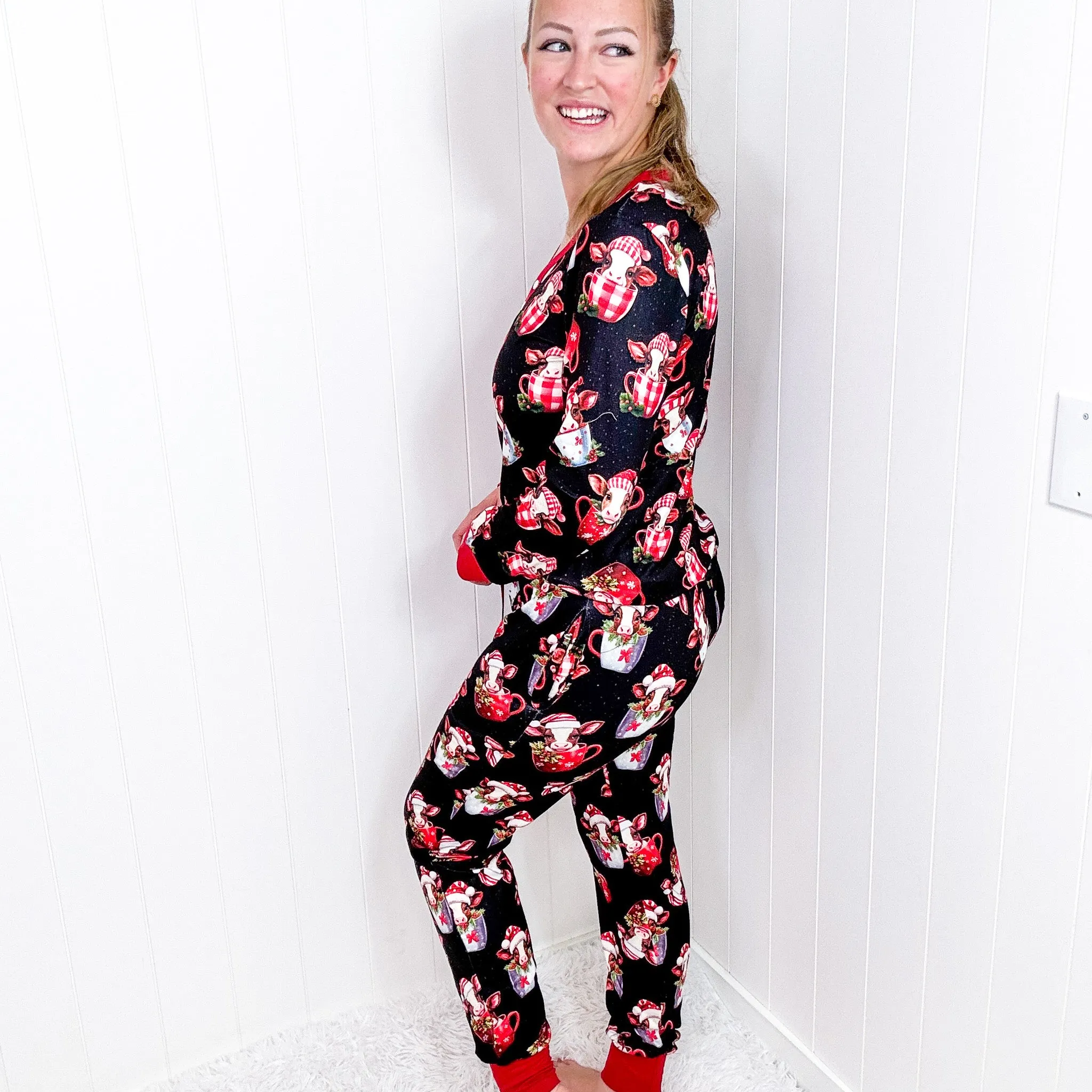 Christmas Cow in a Cup Santa Long Sleeve Jogger Pajama Set