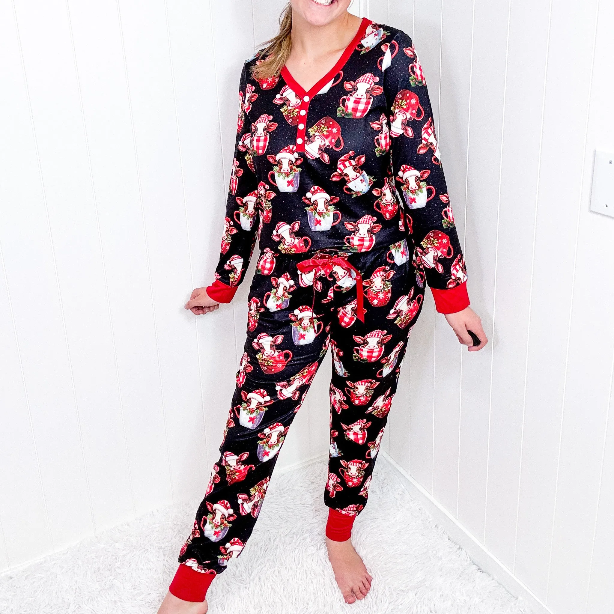 Christmas Cow in a Cup Santa Long Sleeve Jogger Pajama Set