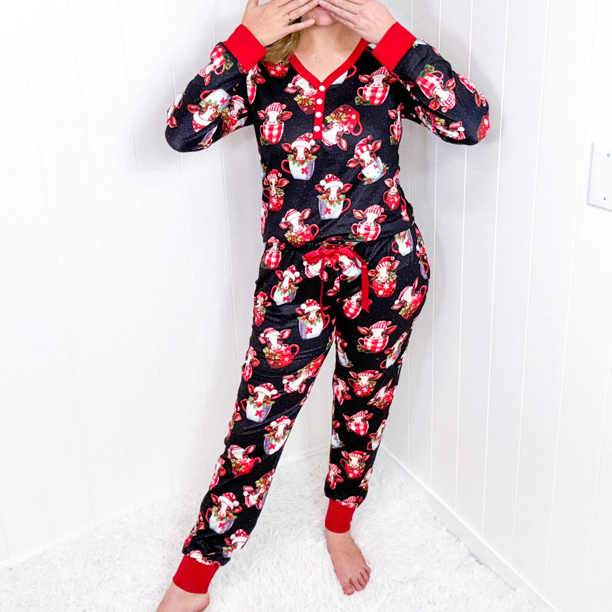 Christmas Cow in a Cup Santa Long Sleeve Jogger Pajama Set