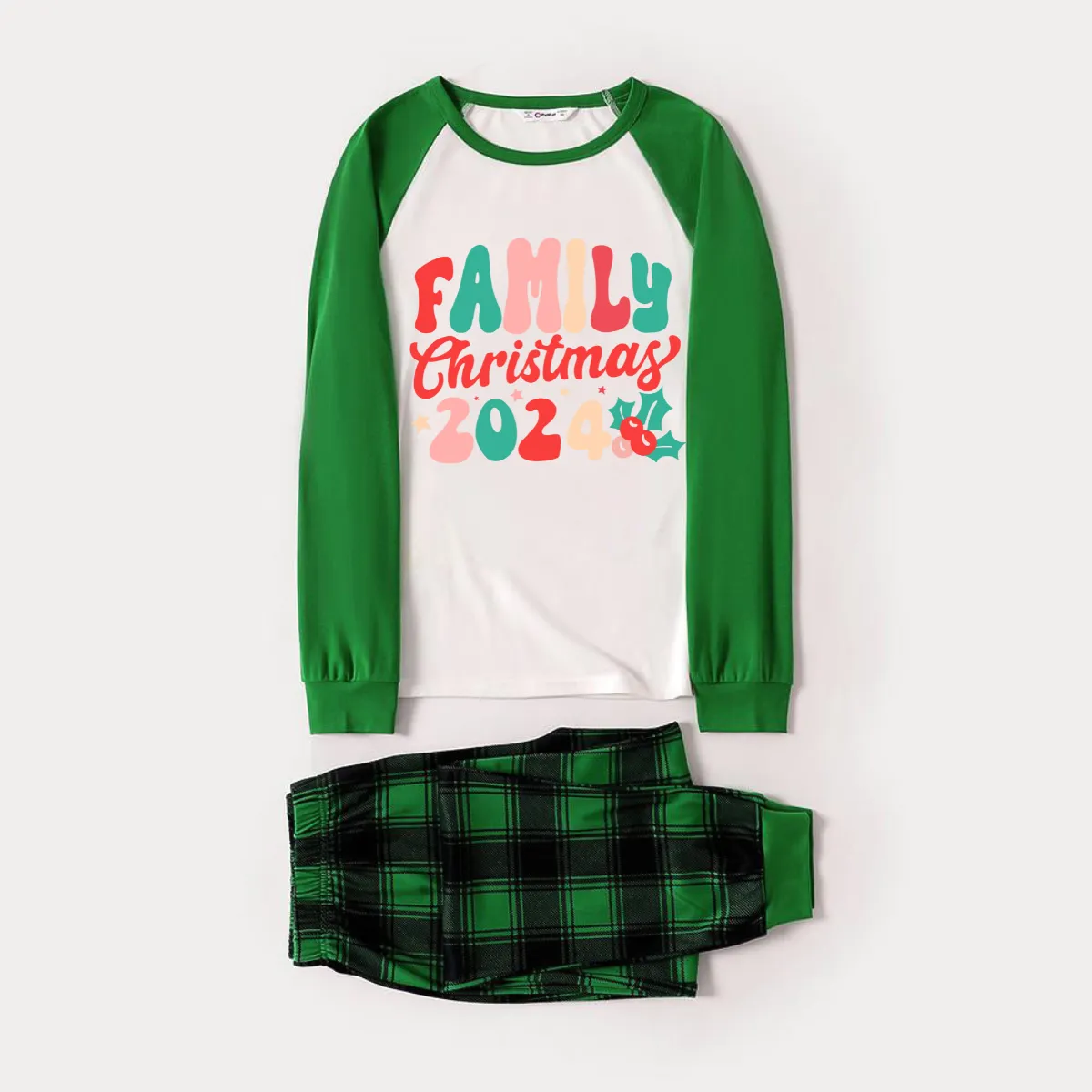 Christmas ‘ Family Christmas 2024’ Letter Print Patterned  Casual Long Sleeve Sweatshirts Green Contrast Tops and Black and Green Plaid Pants  Family Matching Raglan Long-sleeve Pajamas Sets With Dog Bandana
