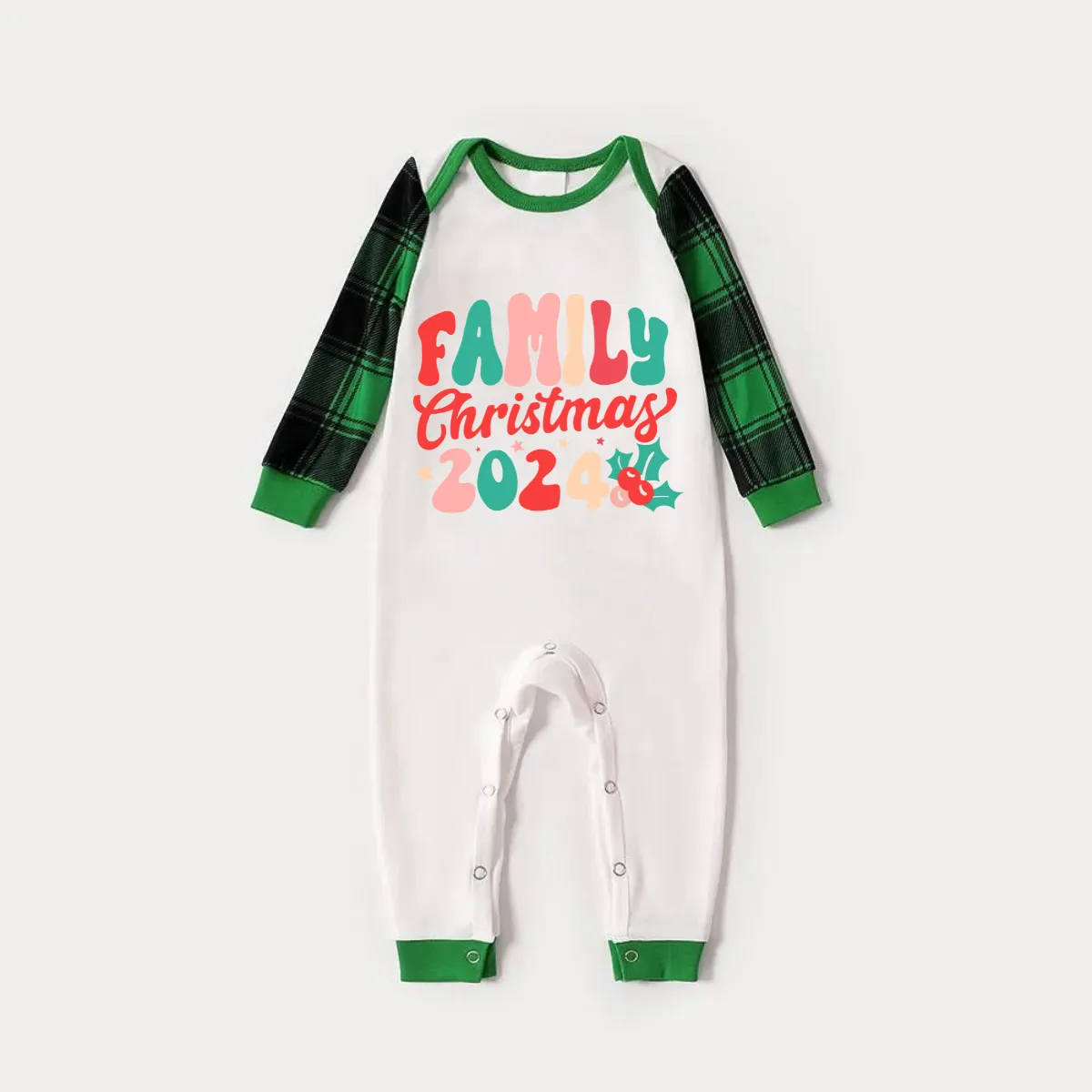 Christmas ‘ Family Christmas 2024’ Letter Print Patterned  Casual Long Sleeve Sweatshirts Green Contrast Tops and Black and Green Plaid Pants  Family Matching Raglan Long-sleeve Pajamas Sets With Dog Bandana