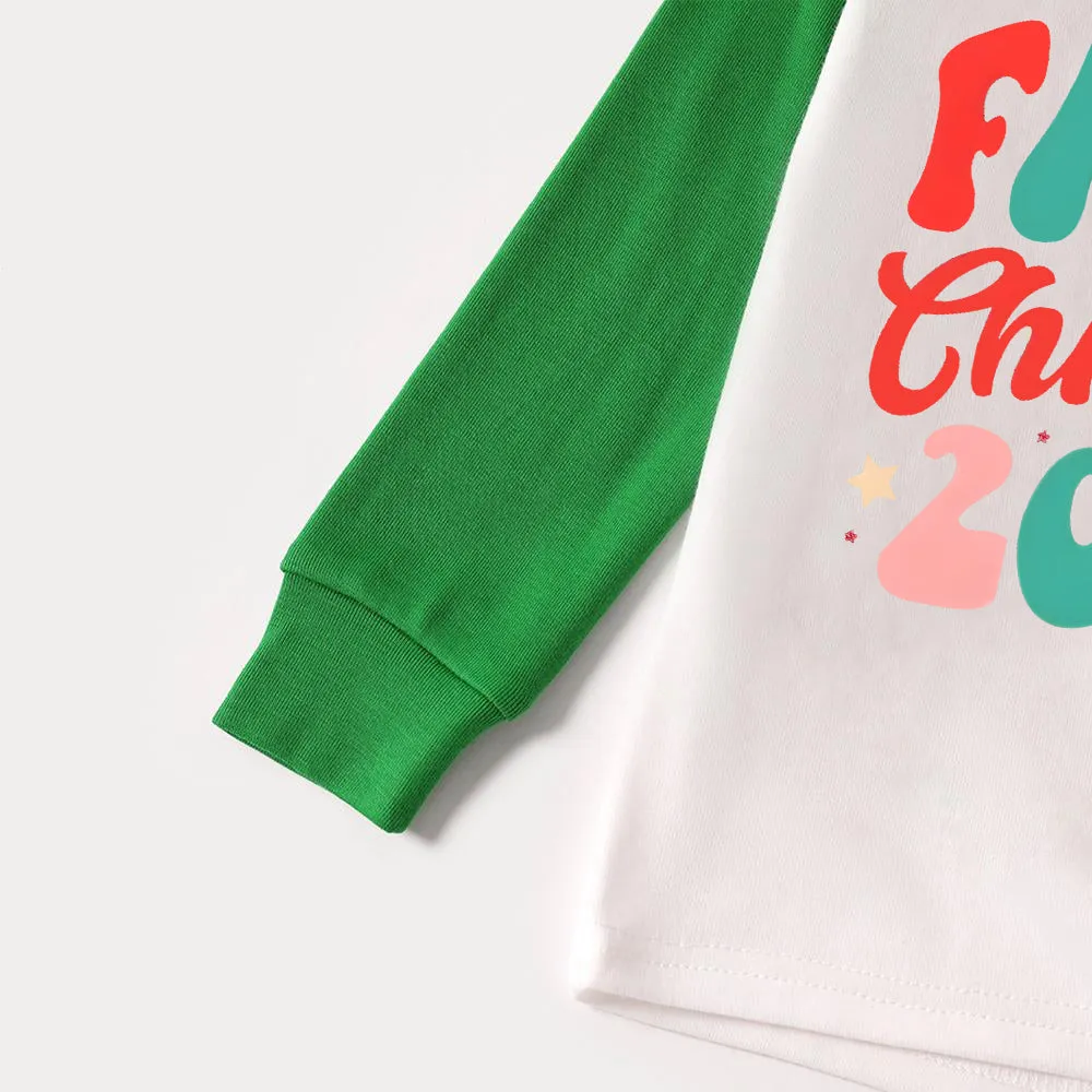 Christmas ‘ Family Christmas 2024’ Letter Print Patterned  Casual Long Sleeve Sweatshirts Green Contrast Tops and Black and Green Plaid Pants  Family Matching Raglan Long-sleeve Pajamas Sets With Dog Bandana