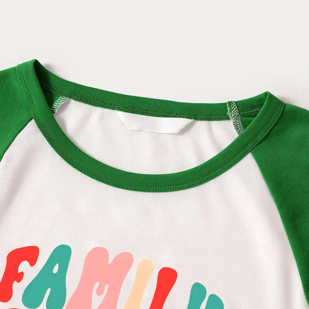 Christmas ‘ Family Christmas 2024’ Letter Print Patterned  Casual Long Sleeve Sweatshirts Green Contrast Tops and Black and Green Plaid Pants  Family Matching Raglan Long-sleeve Pajamas Sets With Dog Bandana