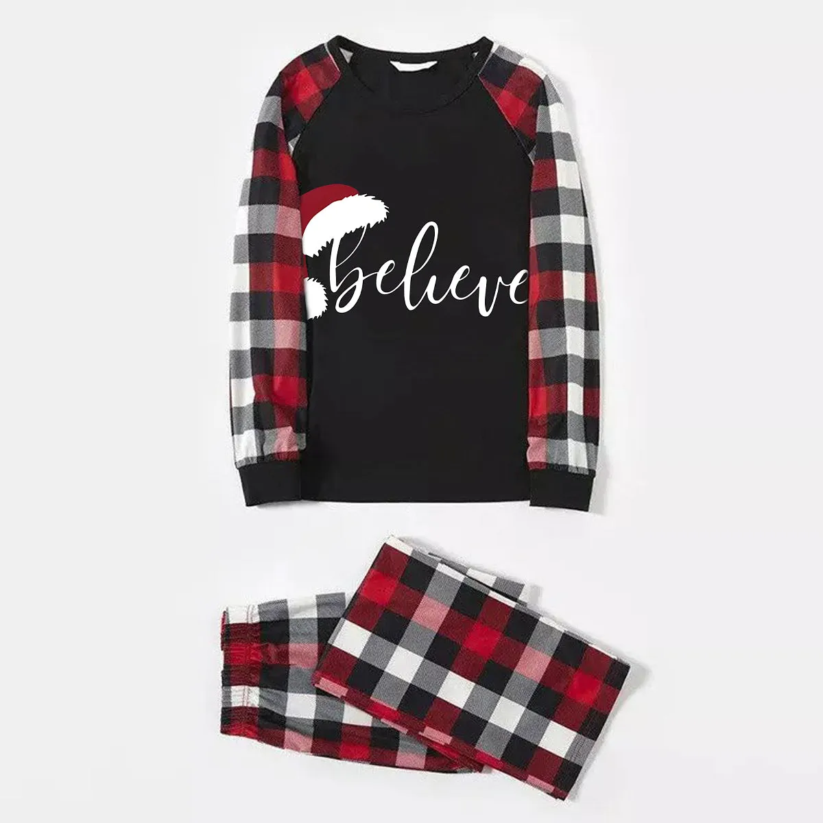 Christmas Hat and ‘Believe“ Letter Print Patterned Plaid Sleeve Contrast Tops and Red & Black & White Plaid Pants Family Matching Pajamas Set With Dog Bandana