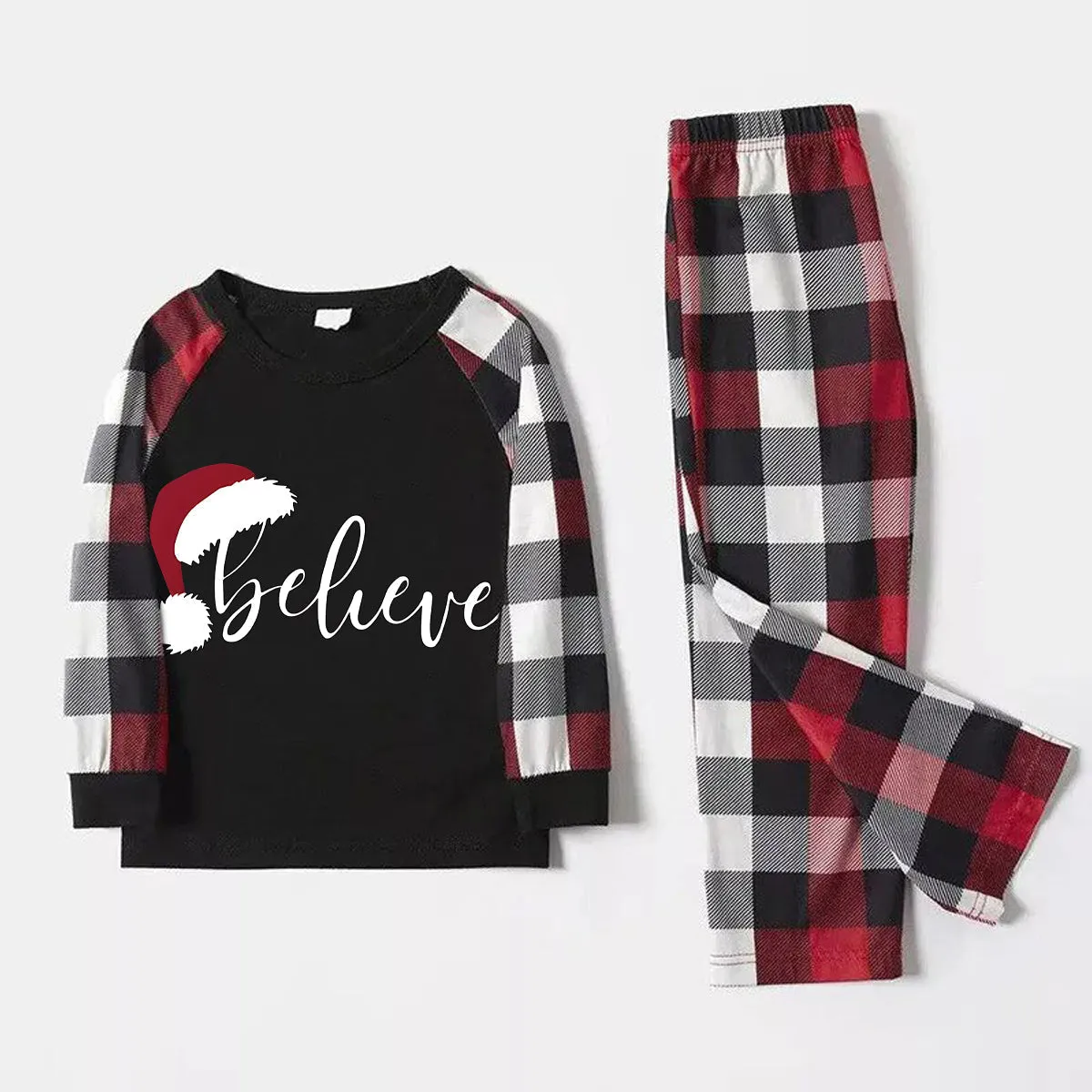 Christmas Hat and ‘Believe“ Letter Print Patterned Plaid Sleeve Contrast Tops and Red & Black & White Plaid Pants Family Matching Pajamas Set With Dog Bandana