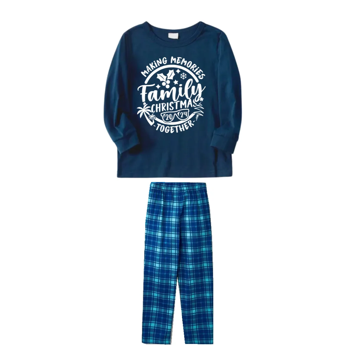 Christmas Make Memories Together 2024 Print Blue Long Sleeve Top With Blue&Green Plaid Family Matching Pajamas