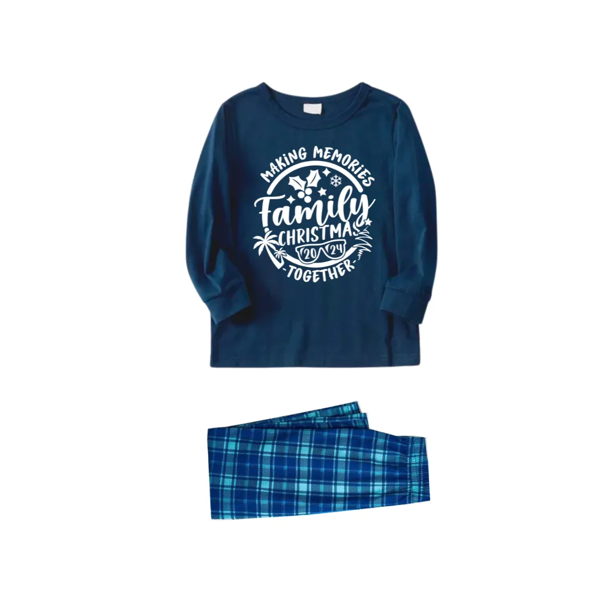 Christmas Make Memories Together 2024 Print Blue Long Sleeve Top With Blue&Green Plaid Family Matching Pajamas