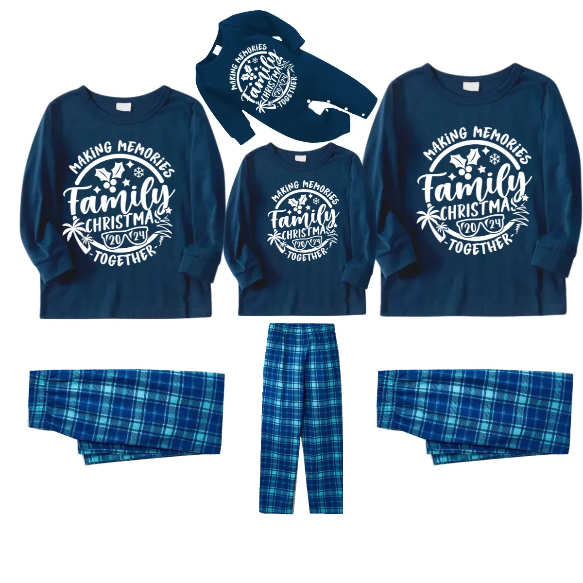 Christmas Make Memories Together 2024 Print Blue Long Sleeve Top With Blue&Green Plaid Family Matching Pajamas