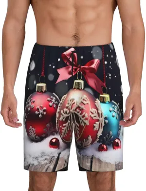 Christmas Ornament Print Men's Short Pajama Pants, Comfortable, and Breathable Sleepwear with Side Pockets