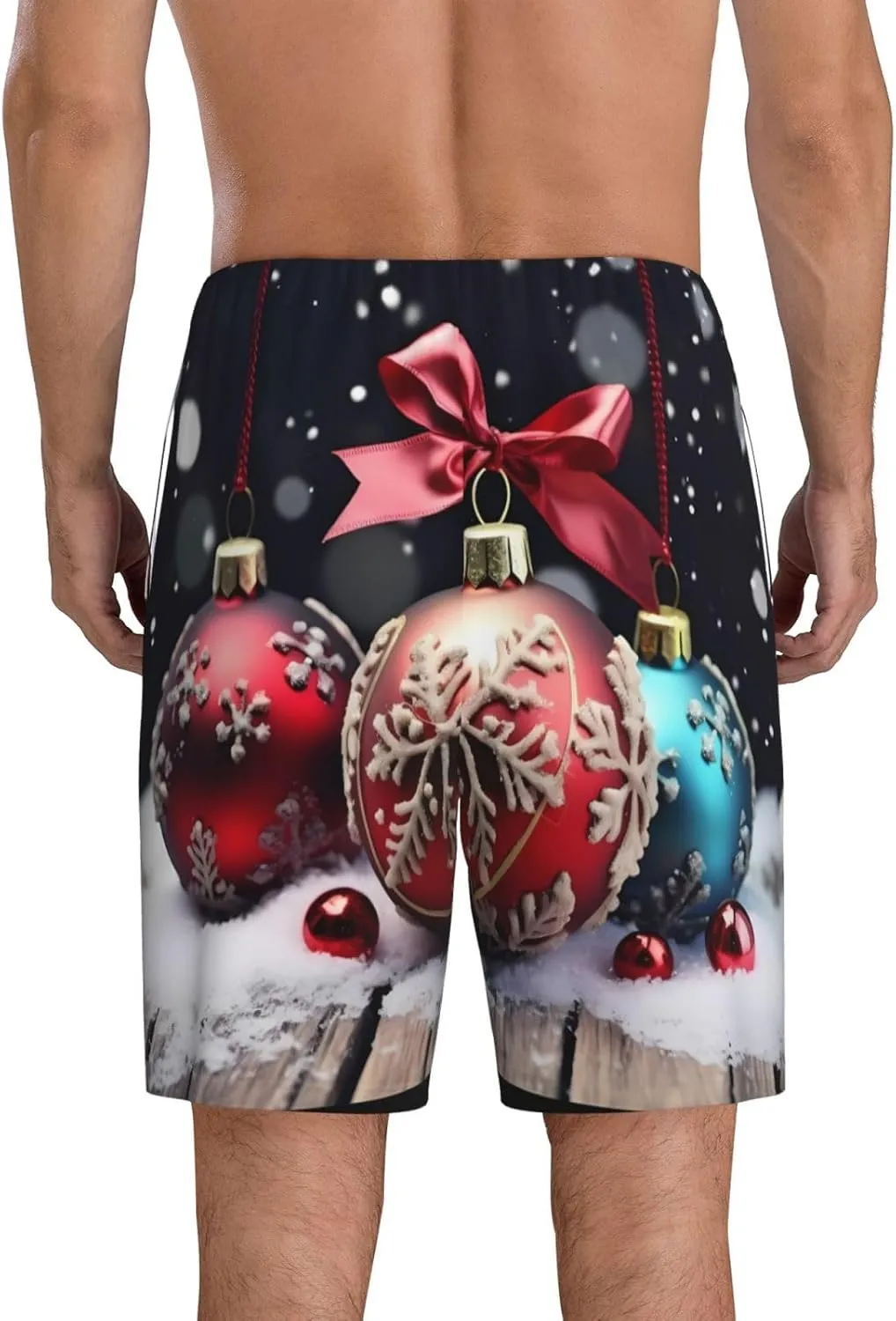 Christmas Ornament Print Men's Short Pajama Pants, Comfortable, and Breathable Sleepwear with Side Pockets