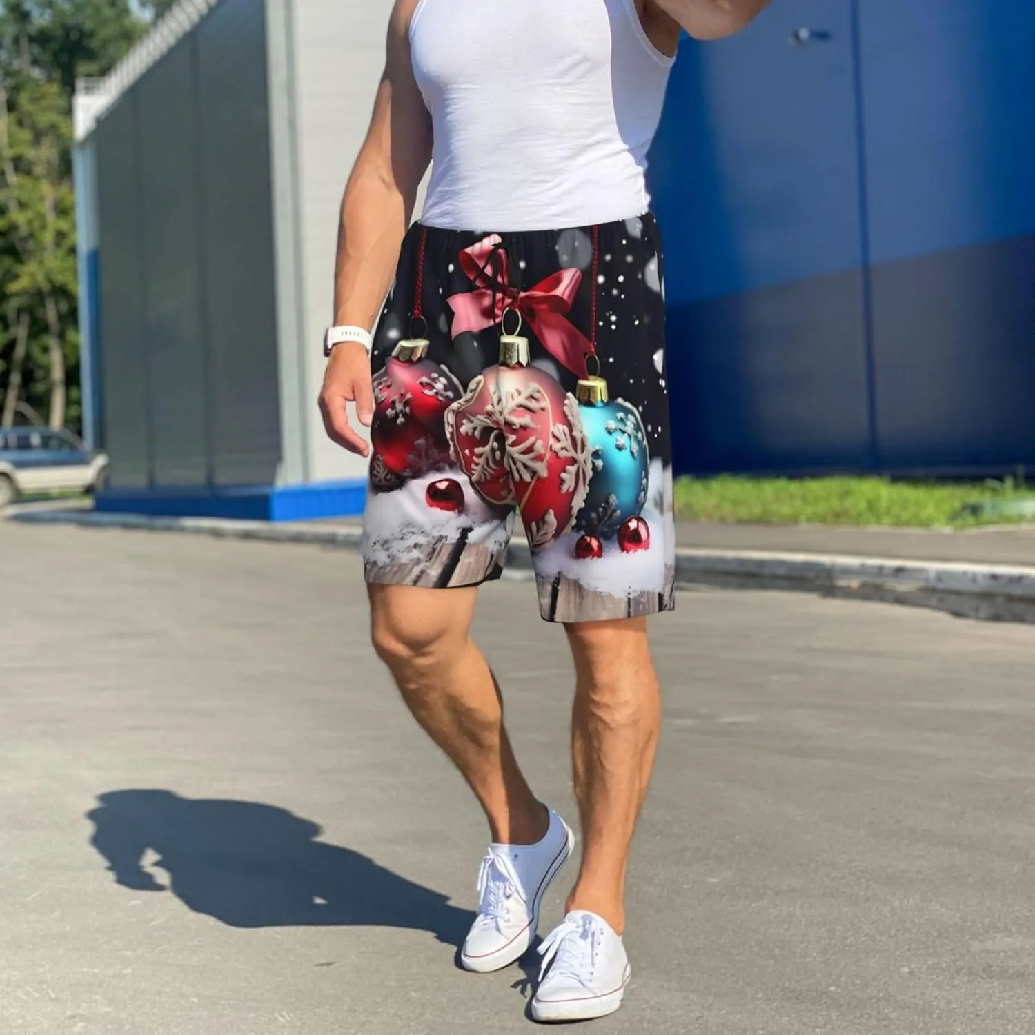 Christmas Ornament Print Men's Short Pajama Pants, Comfortable, and Breathable Sleepwear with Side Pockets