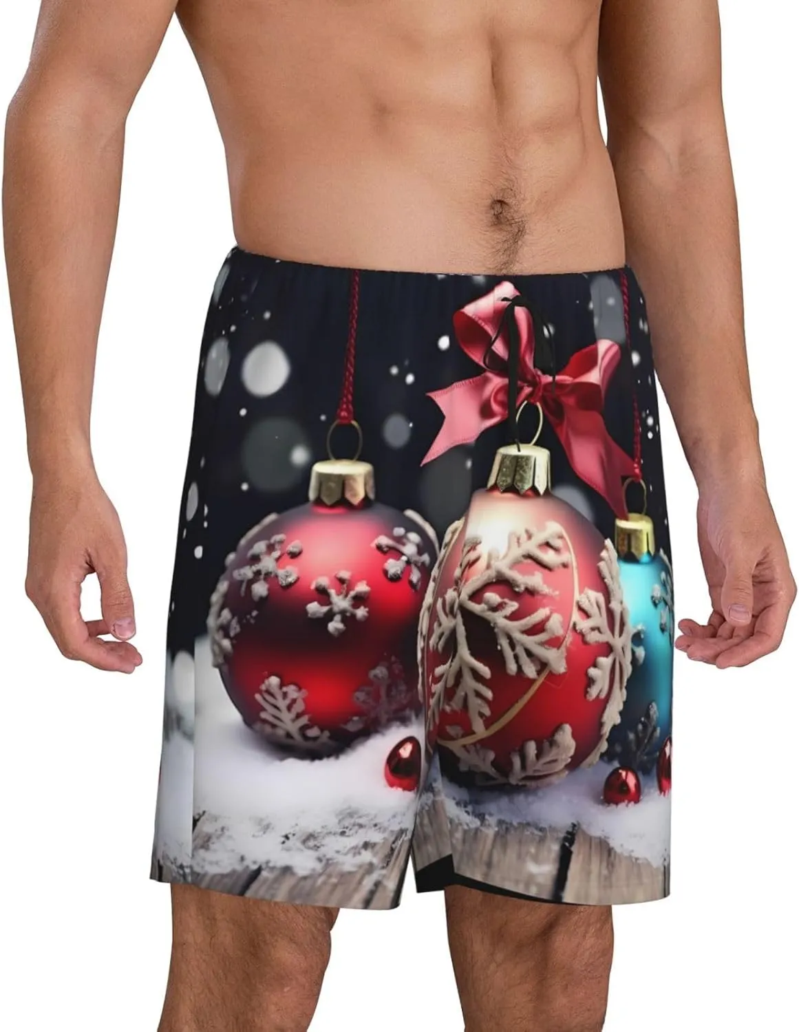 Christmas Ornament Print Men's Short Pajama Pants, Comfortable, and Breathable Sleepwear with Side Pockets