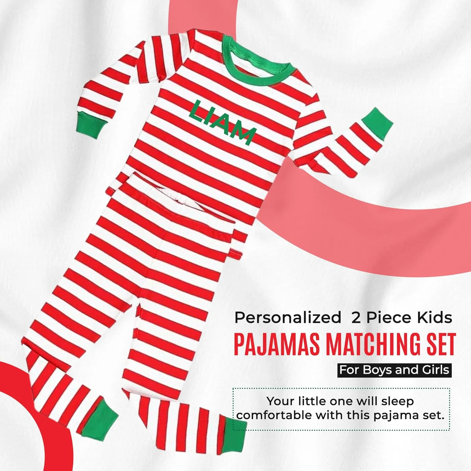 Christmas Striped PJs Personalized with Custom Name Boys Girls 2 Piece Kids Pajamas Matching Set 100% Cotton 6M-12Y