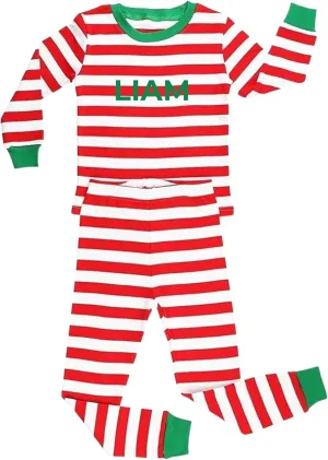 Christmas Striped PJs Personalized with Custom Name Boys Girls 2 Piece Kids Pajamas Matching Set 100% Cotton 6M-12Y