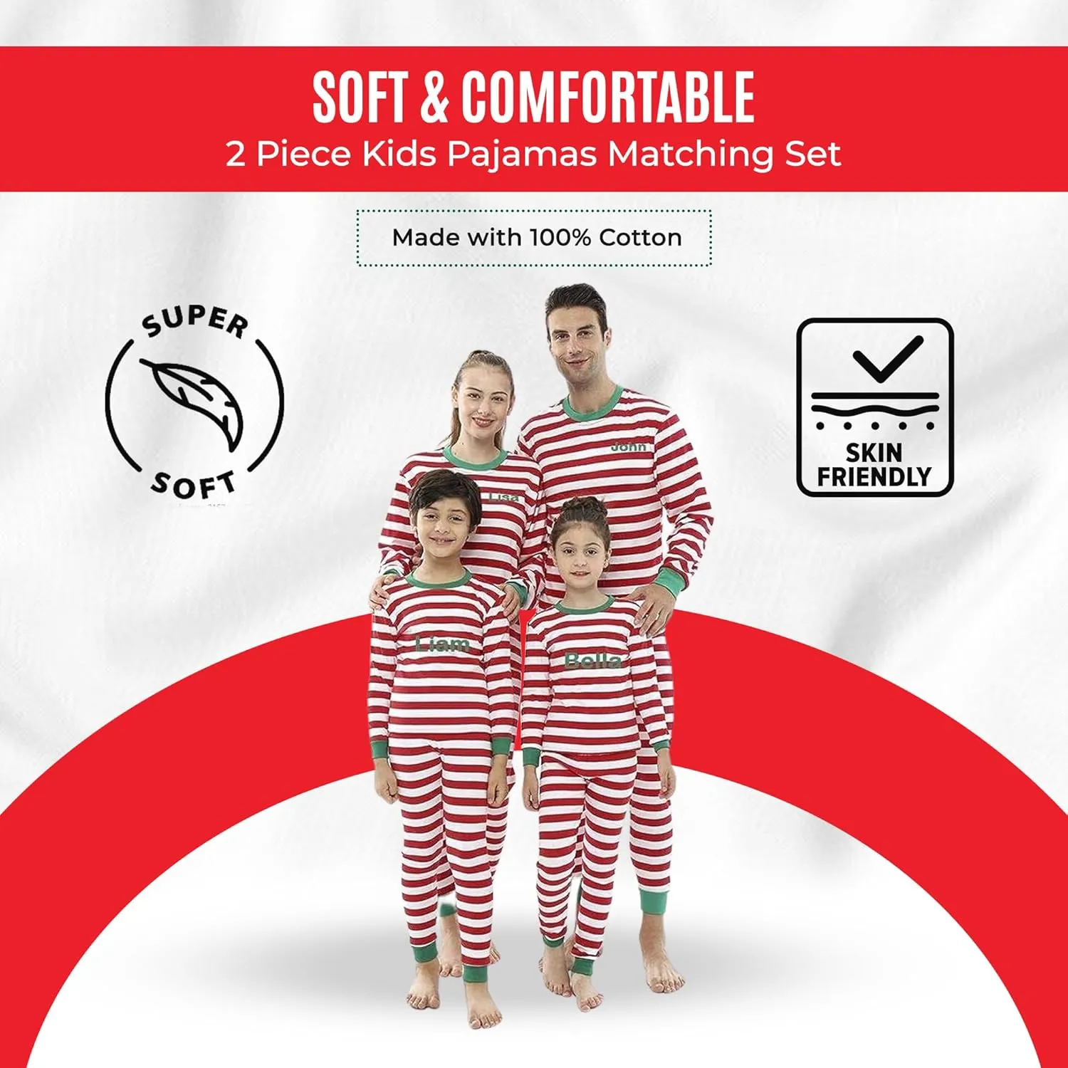 Christmas Striped PJs Personalized with Custom Name Boys Girls 2 Piece Kids Pajamas Matching Set 100% Cotton 6M-12Y
