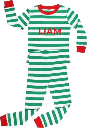 Christmas Striped PJs Personalized with Custom Name Boys Girls 2 Piece Kids Pajamas Matching Set 100% Cotton 6M-12Y