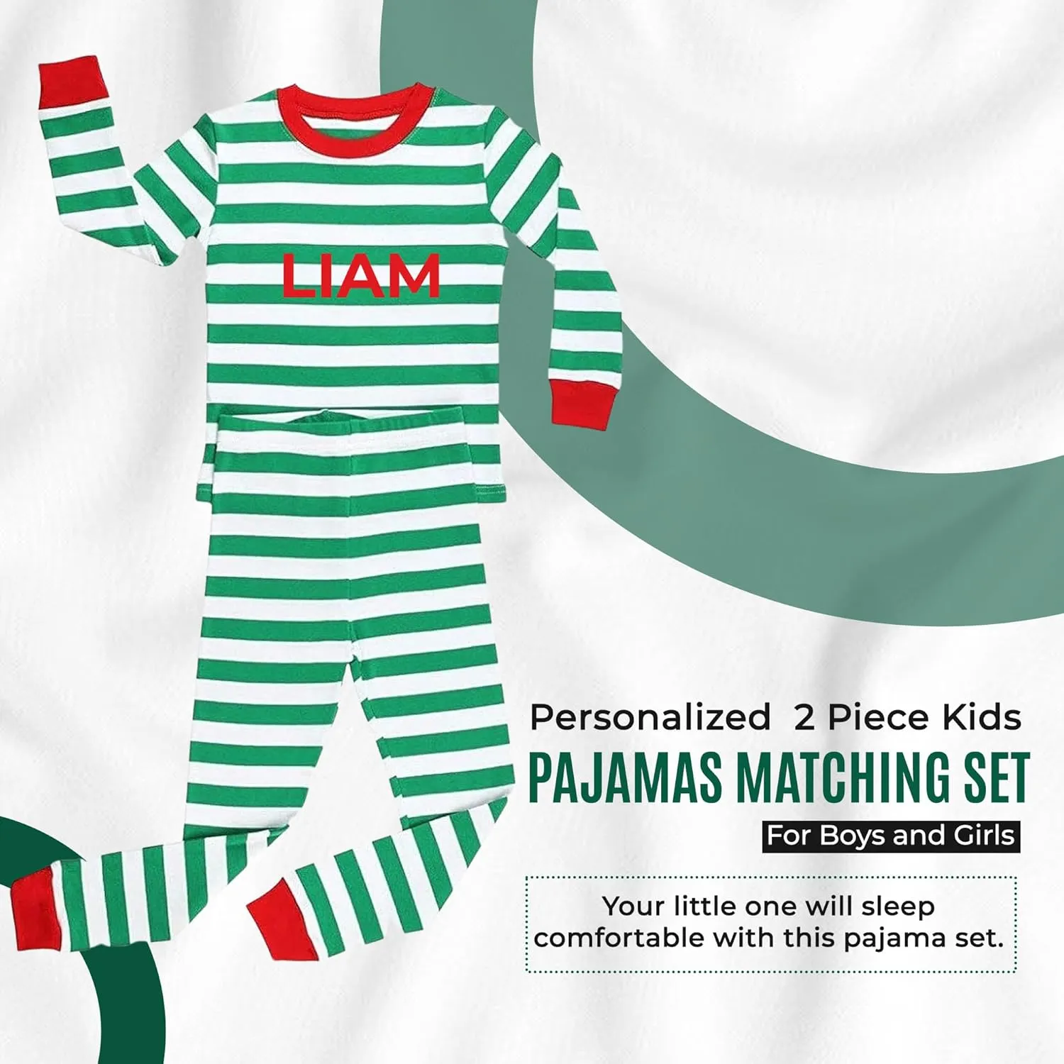 Christmas Striped PJs Personalized with Custom Name Boys Girls 2 Piece Kids Pajamas Matching Set 100% Cotton 6M-12Y