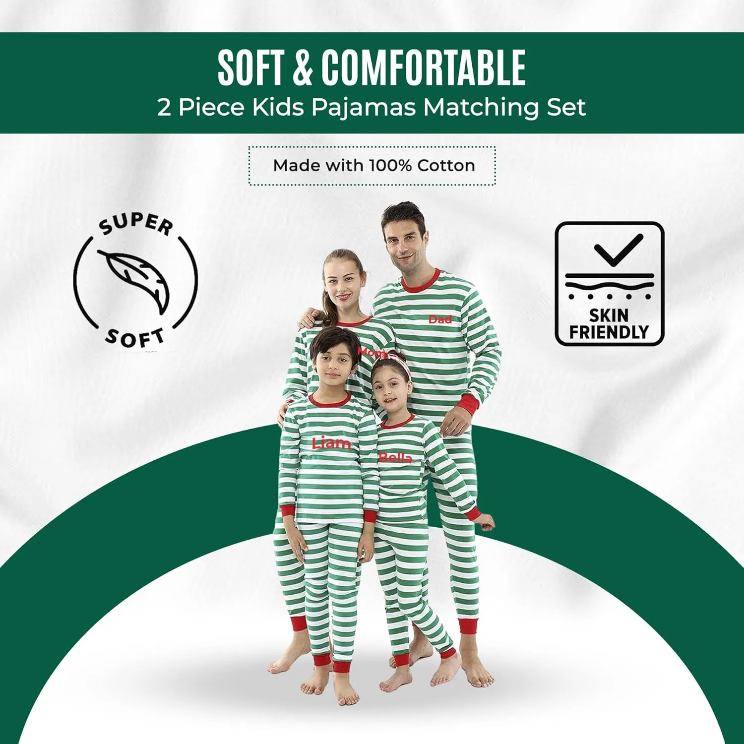 Christmas Striped PJs Personalized with Custom Name Boys Girls 2 Piece Kids Pajamas Matching Set 100% Cotton 6M-12Y
