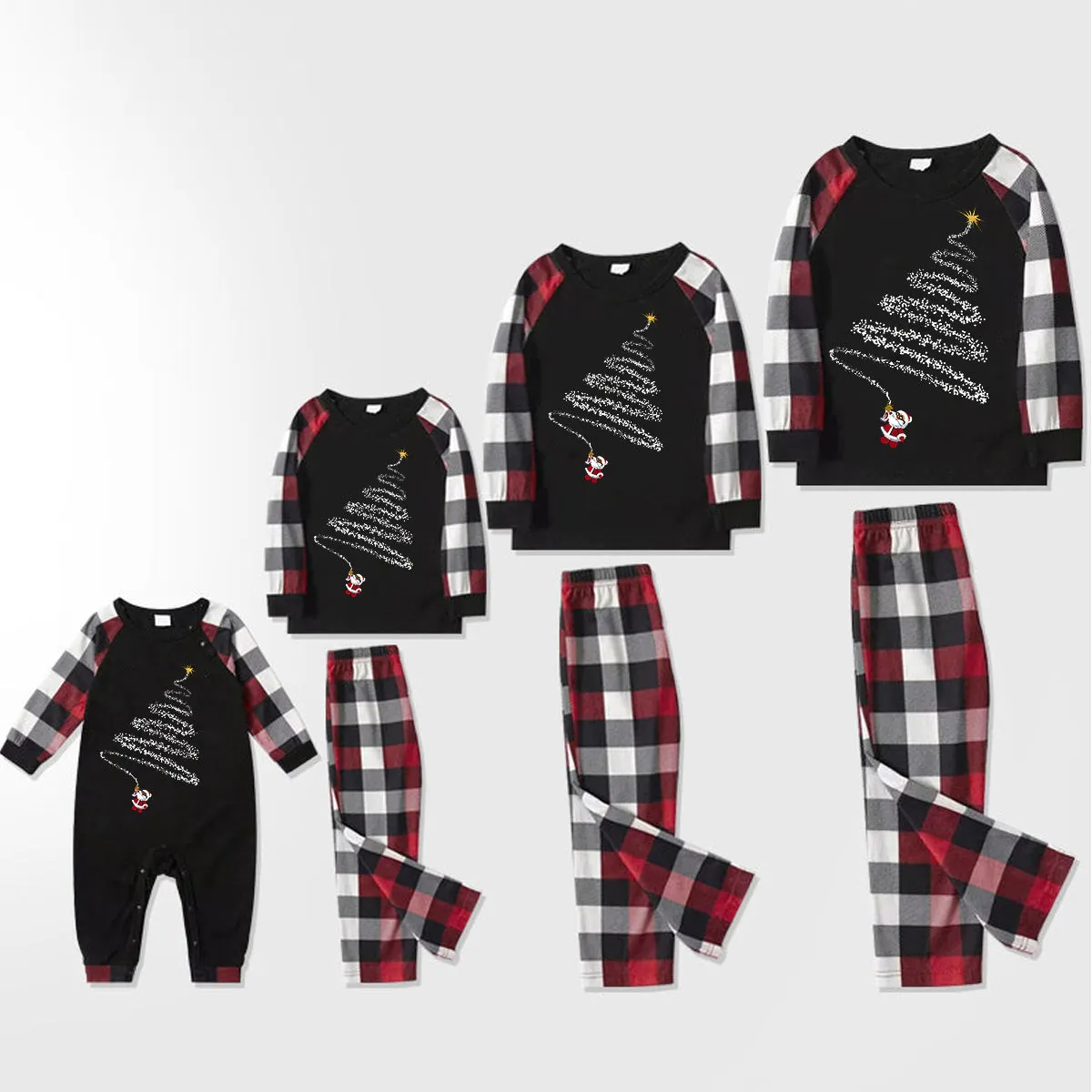 Christmas Tree & "2024 Making Memories Together" Patterned Plaid Sleeve Contrast Tops and Red & Black & White Plaid Pants Family Matching Pajamas Set With Dog Bandana