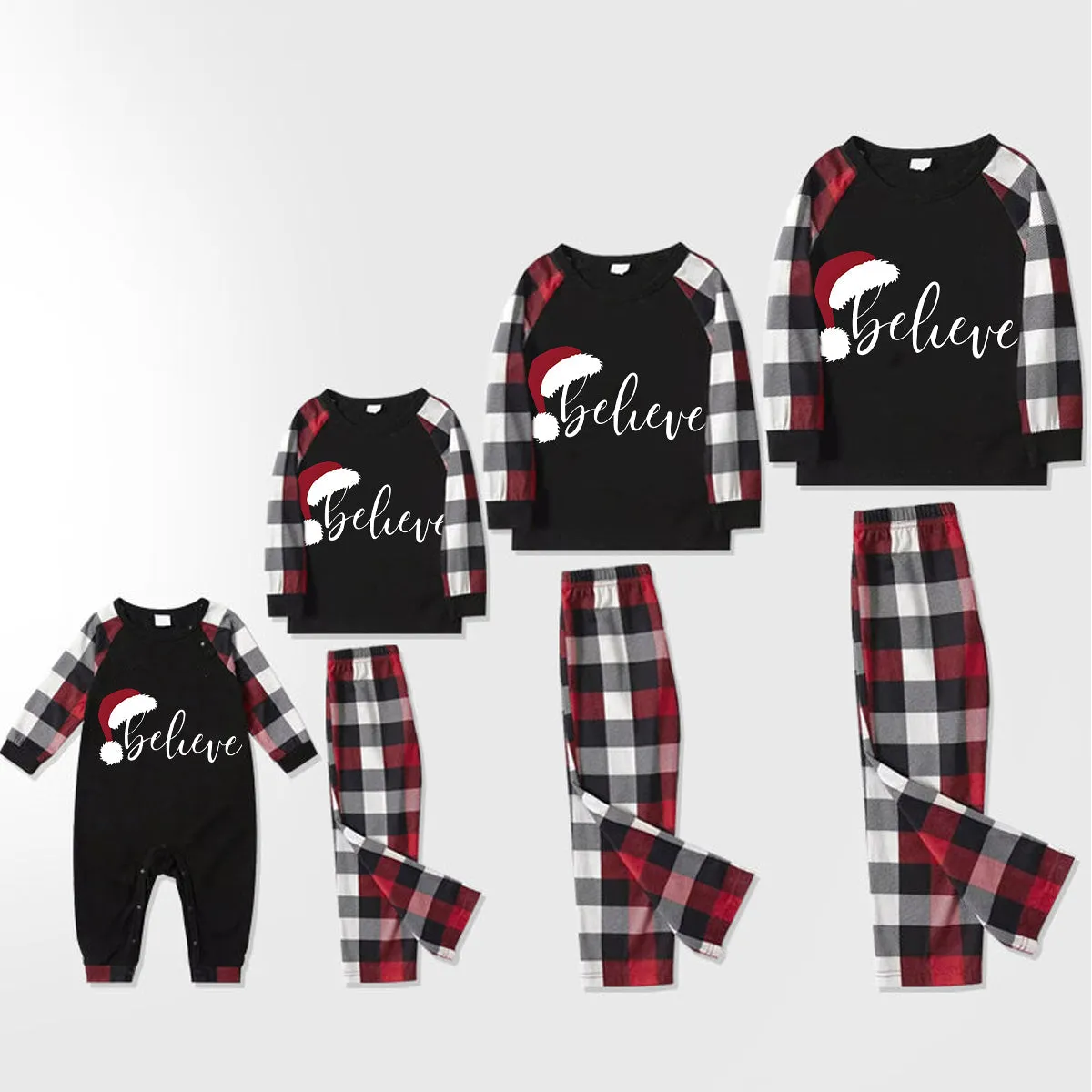 Christmas Tree & "2024 Making Memories Together" Patterned Plaid Sleeve Contrast Tops and Red & Black & White Plaid Pants Family Matching Pajamas Set With Dog Bandana