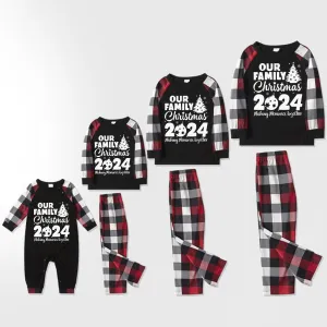 Christmas Tree & "2024 Making Memories Together" Patterned Plaid Sleeve Contrast Tops and Red & Black & White Plaid Pants Family Matching Pajamas Set With Dog Bandana