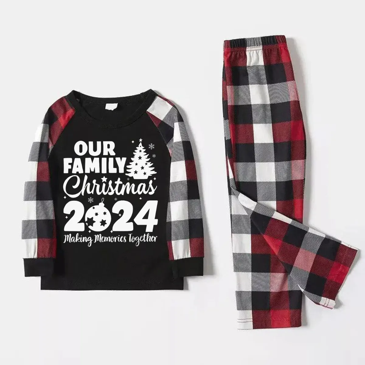 Christmas Tree & "2024 Making Memories Together" Patterned Plaid Sleeve Contrast Tops and Red & Black & White Plaid Pants Family Matching Pajamas Set With Dog Bandana