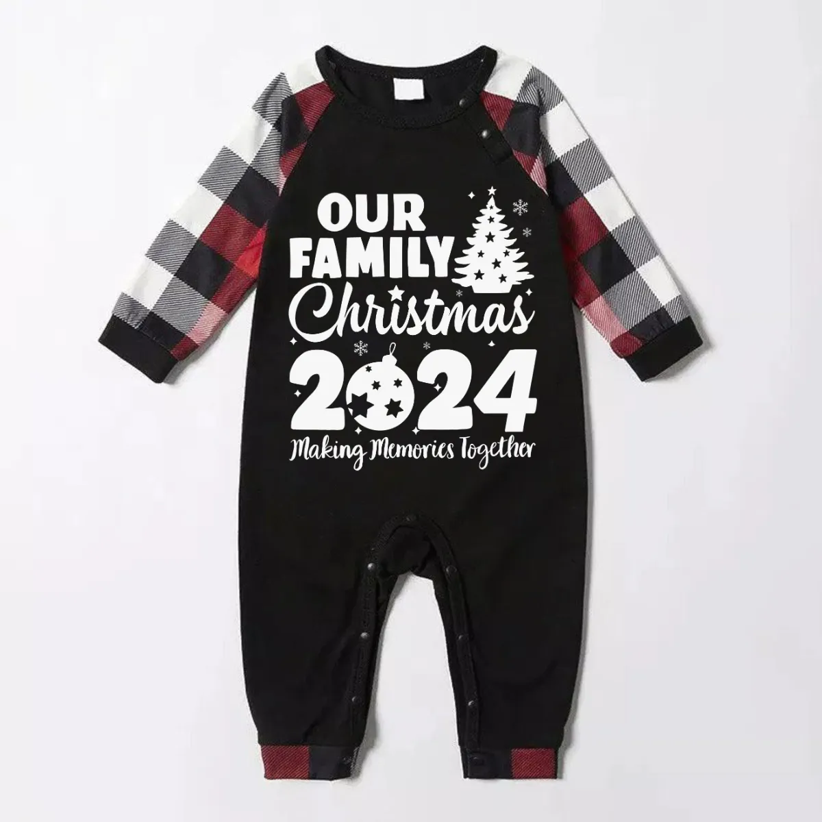 Christmas Tree & "2024 Making Memories Together" Patterned Plaid Sleeve Contrast Tops and Red & Black & White Plaid Pants Family Matching Pajamas Set With Dog Bandana