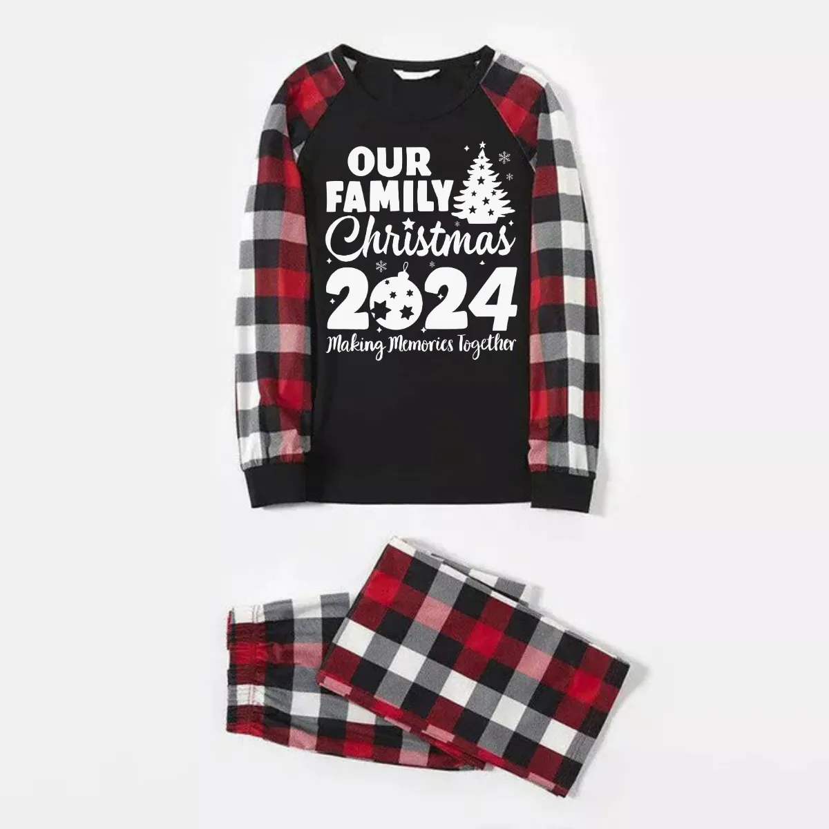 Christmas Tree & "2024 Making Memories Together" Patterned Plaid Sleeve Contrast Tops and Red & Black & White Plaid Pants Family Matching Pajamas Set With Dog Bandana