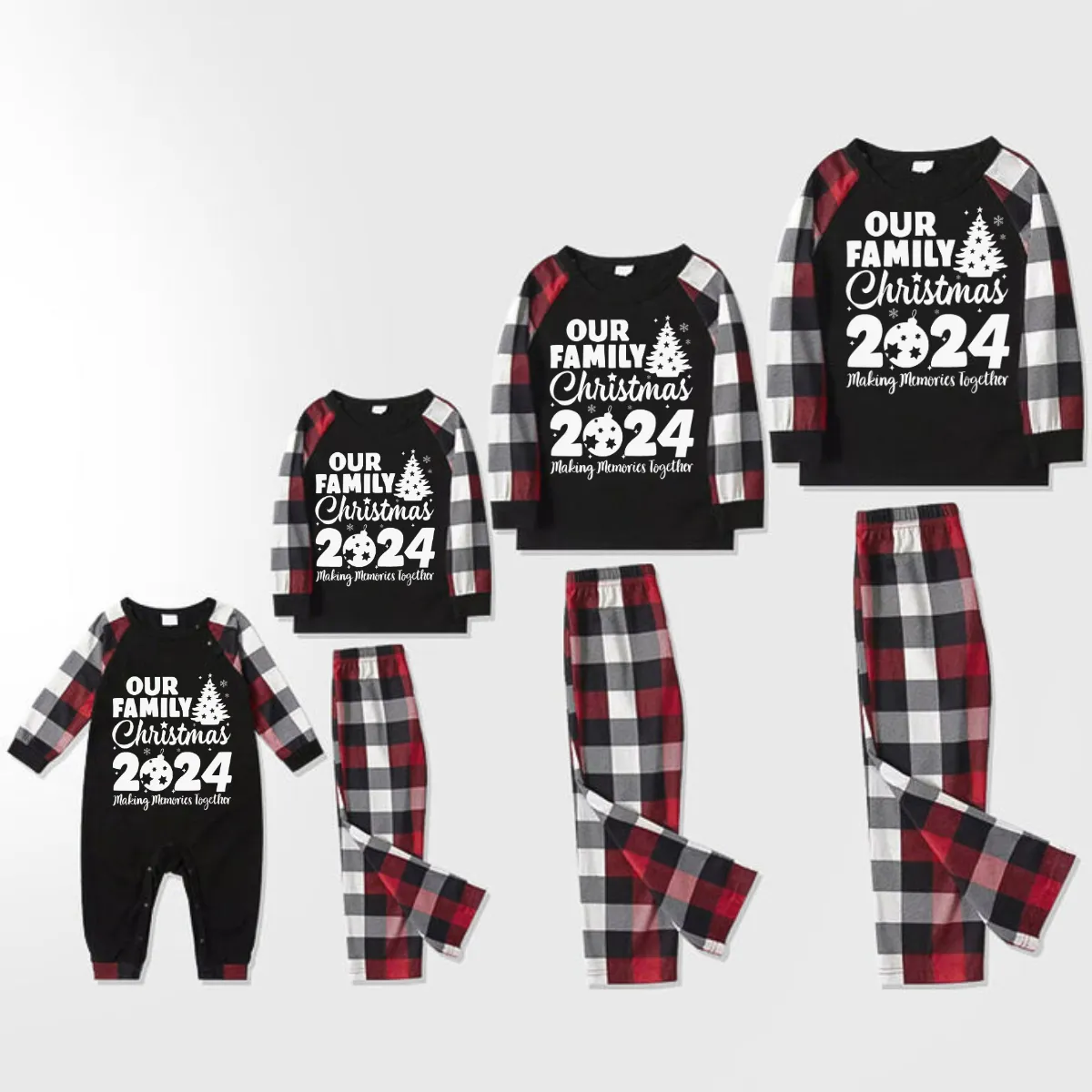 Christmas Tree & "2024 Making Memories Together" Patterned Plaid Sleeve Contrast Tops and Red & Black & White Plaid Pants Family Matching Pajamas Set With Dog Bandana