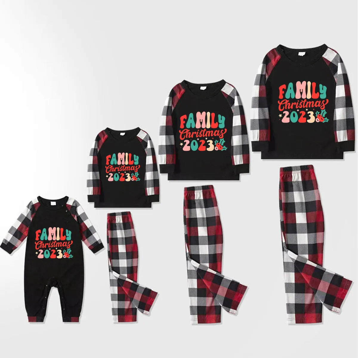 Christmas Tree & "2024 Making Memories Together" Patterned Plaid Sleeve Contrast Tops and Red & Black & White Plaid Pants Family Matching Pajamas Set With Dog Bandana