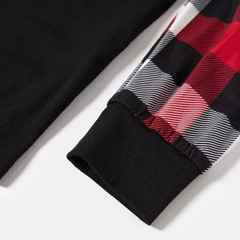 Christmas 'What Up' Letter Print Casual Plaid Sleeve Contrast Tops and Red & Black & White Plaid Pants Family Matching Pajamas Set With Dog Bandana