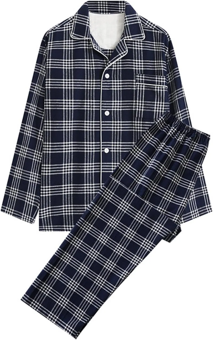 Classical Sleepwear Mens Cotton Flannel Pajama Set Plaid Lapel Button Down Lapel Shirts and Pants Pajamas Suits