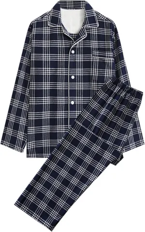 Classical Sleepwear Mens Cotton Flannel Pajama Set Plaid Lapel Button Down Lapel Shirts and Pants Pajamas Suits