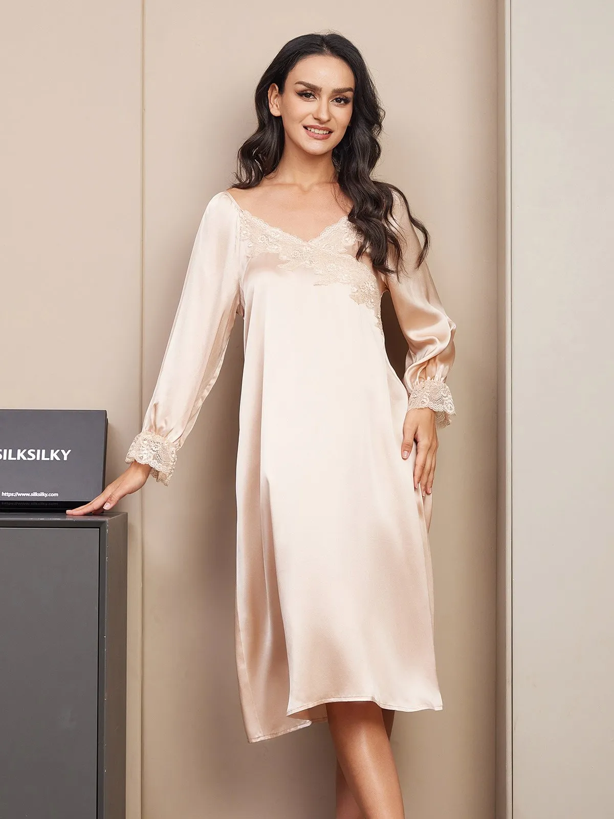 Clearance -Women's Silk Lace Long Sleeve Midi Nightgown