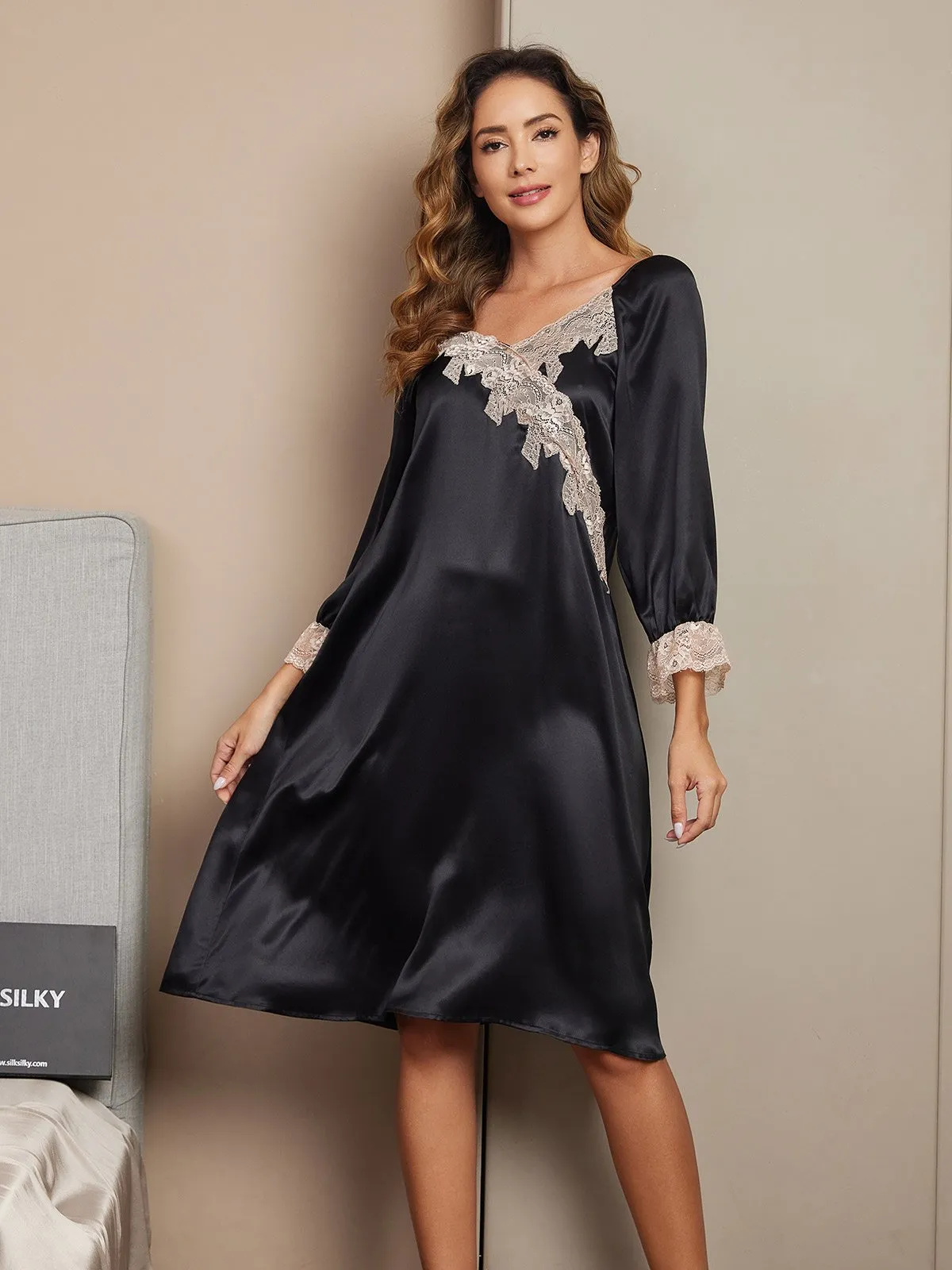 Clearance -Women's Silk Lace Long Sleeve Midi Nightgown