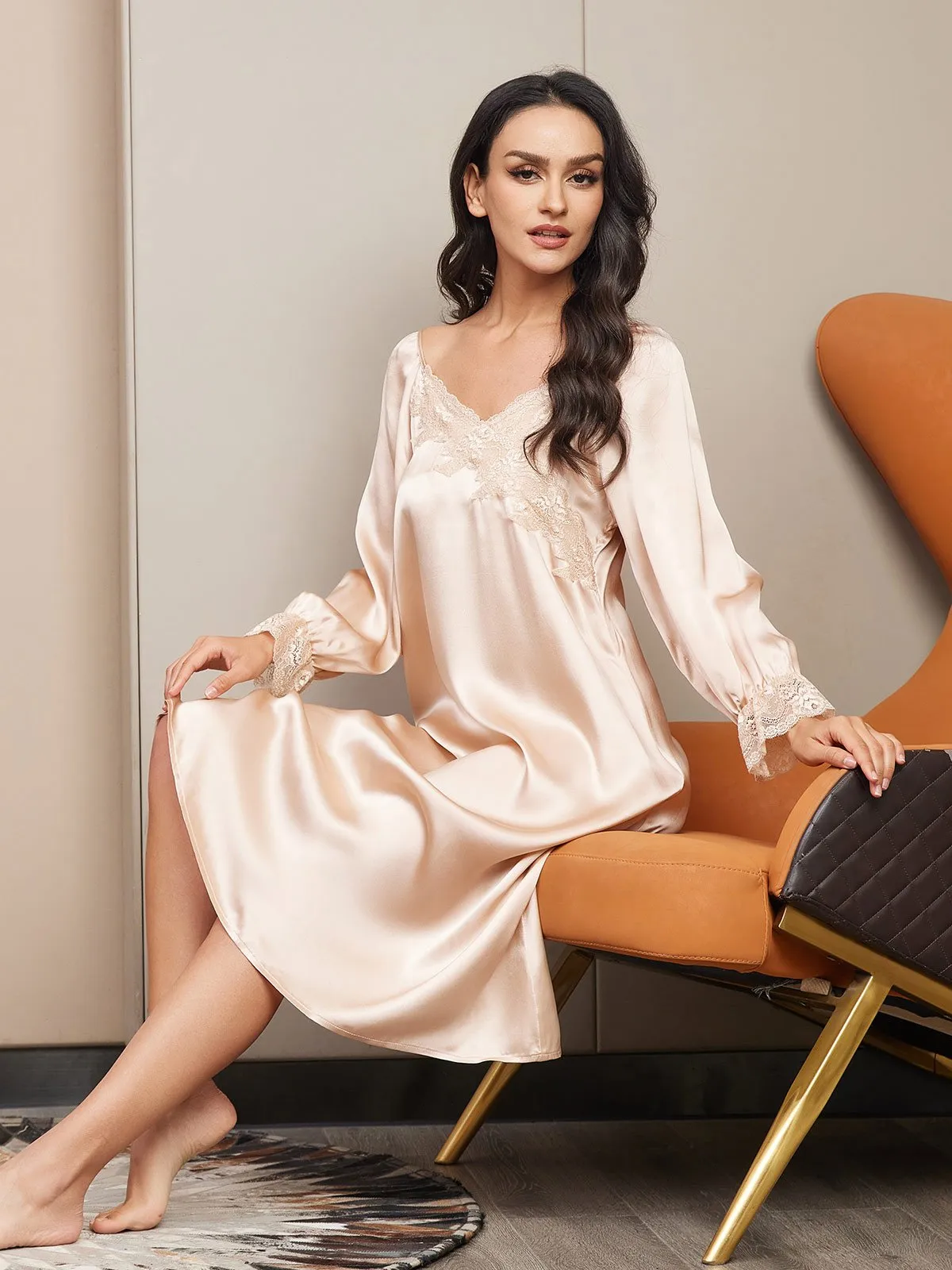 Clearance -Women's Silk Lace Long Sleeve Midi Nightgown