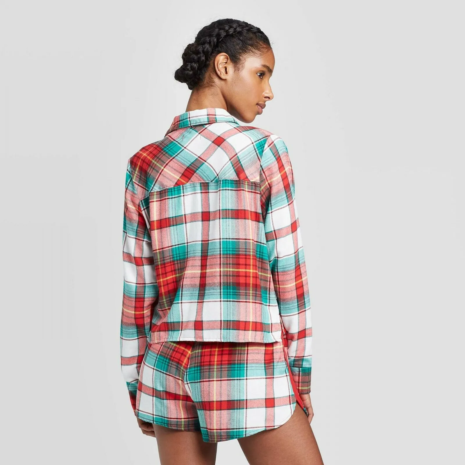 Colsie Women's Plaid Flannel Notch Collar Pajama Set with Shorts and Top