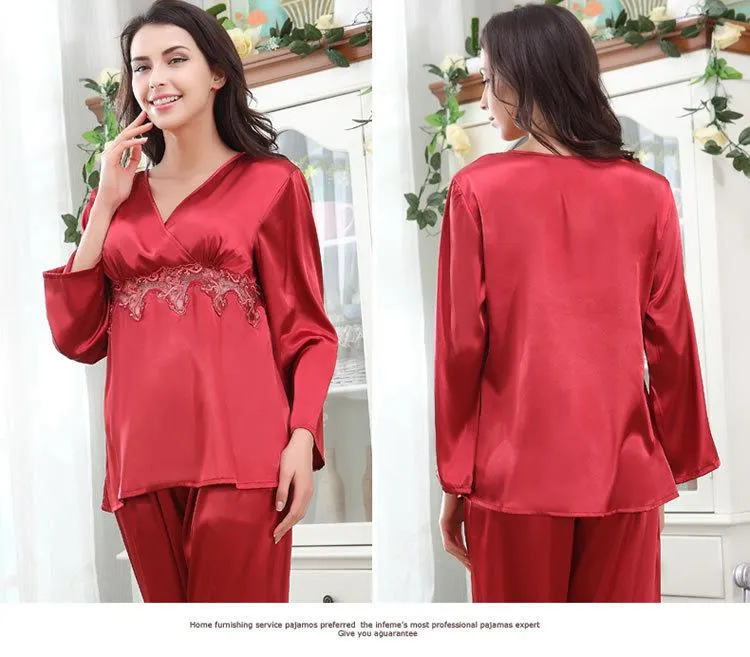 Contrast Lace Peplum  Satin Women Pajama Set