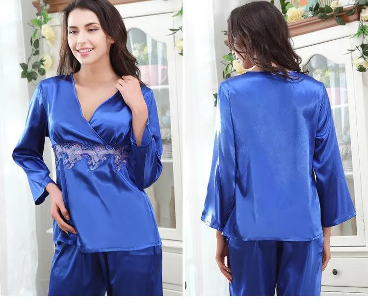 Contrast Lace Peplum  Satin Women Pajama Set