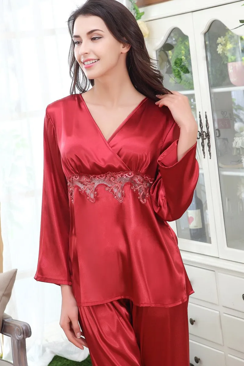 Contrast Lace Peplum  Satin Women Pajama Set